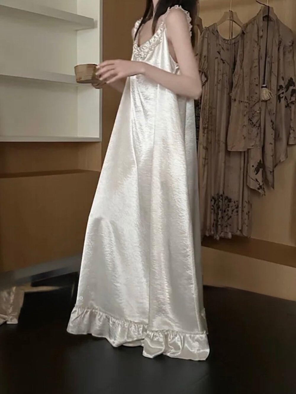 White Satin Ruffle Maxi Dress Built-In Bra - Size M